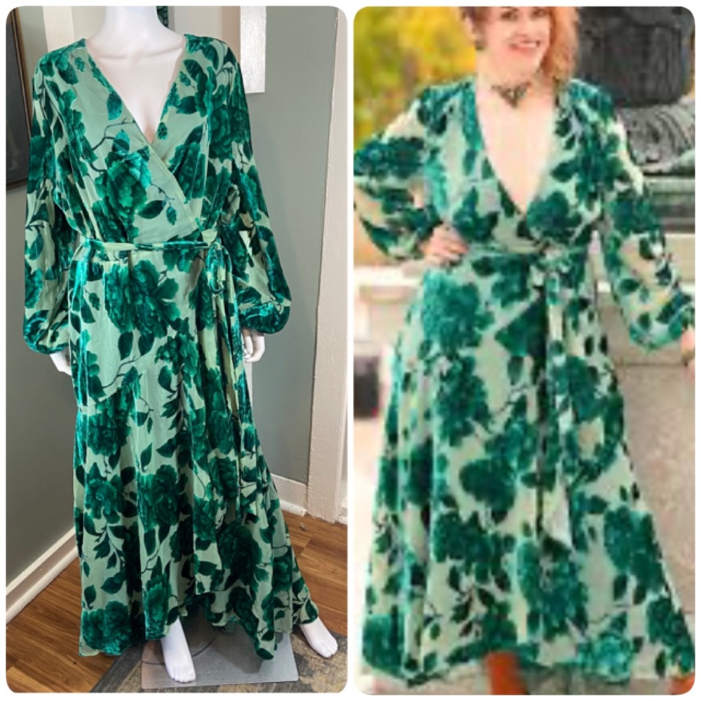 Hutch Green Floral Velvet-Print Long Sleeve Wrap Dress 3X